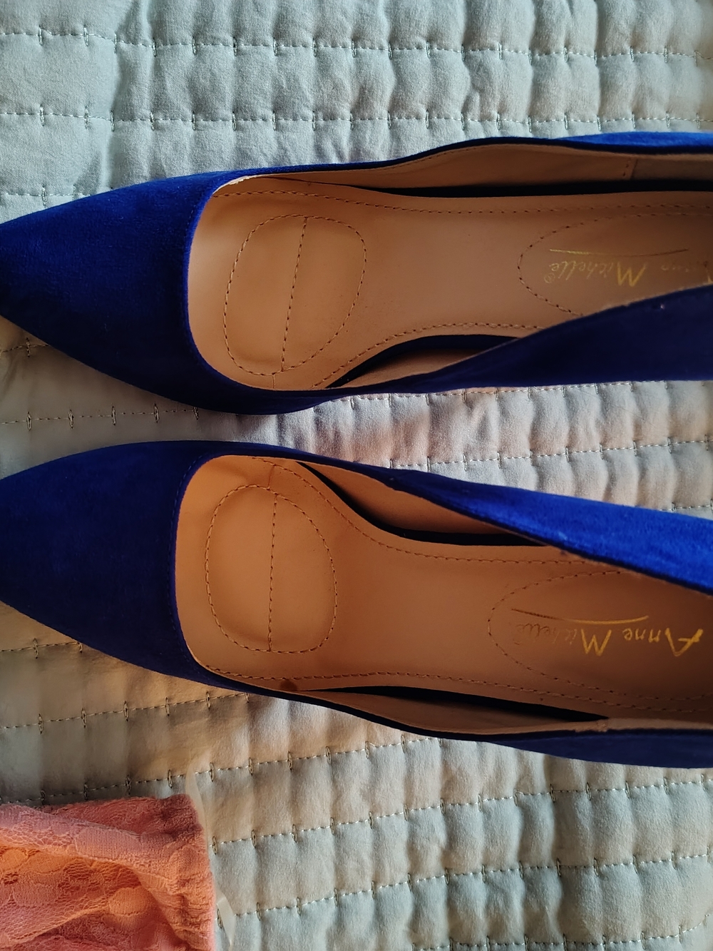 Classic Pointed Toe Blue Suede Flats by Anne Michelle